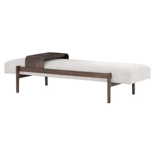 Odi Mid Century Brown Wood Frame Grey Performance Upholstered Entryway Bench | Kathy Kuo Home