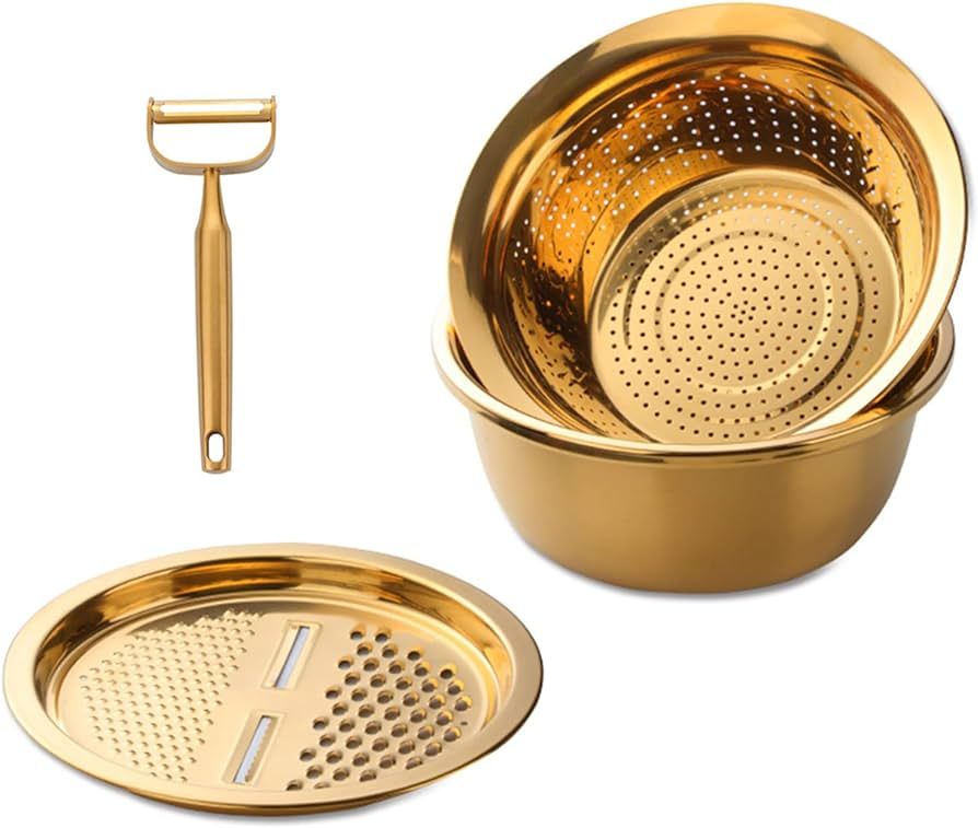Amazon.com: 3 In 1 Multifunctional Grater, Stainless Steel Drain Basket Strainer Bowl Set With Pe... | Amazon (US)