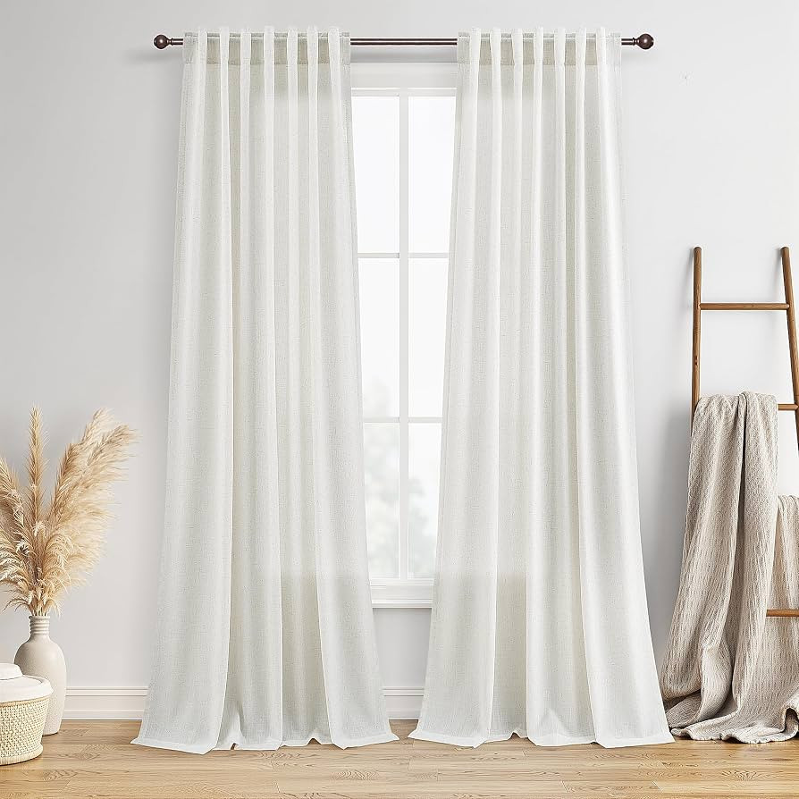BOODII Linen Curtains 96 Inch Long 8ft for Living Room White 2 Panels | Amazon (US)