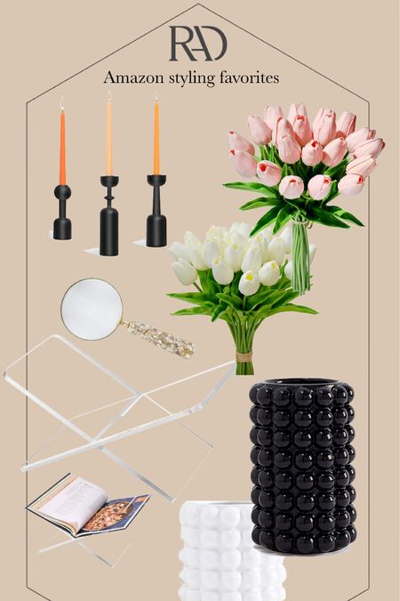 Amazon home styling - my favorite pieces for styling any coffee table or console table. 
Realistic Faux tulips for spring 
Set of 3 candle holders
Acrylic coffee table book holder
Magnifying glass
Bobble vase 

#LTKhome #LTKunder50