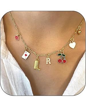 Initial Charm Necklace for Women Beach Letter Necklace Western Cowgirl Cherry Heart Charms Fruit ... | Amazon (US)