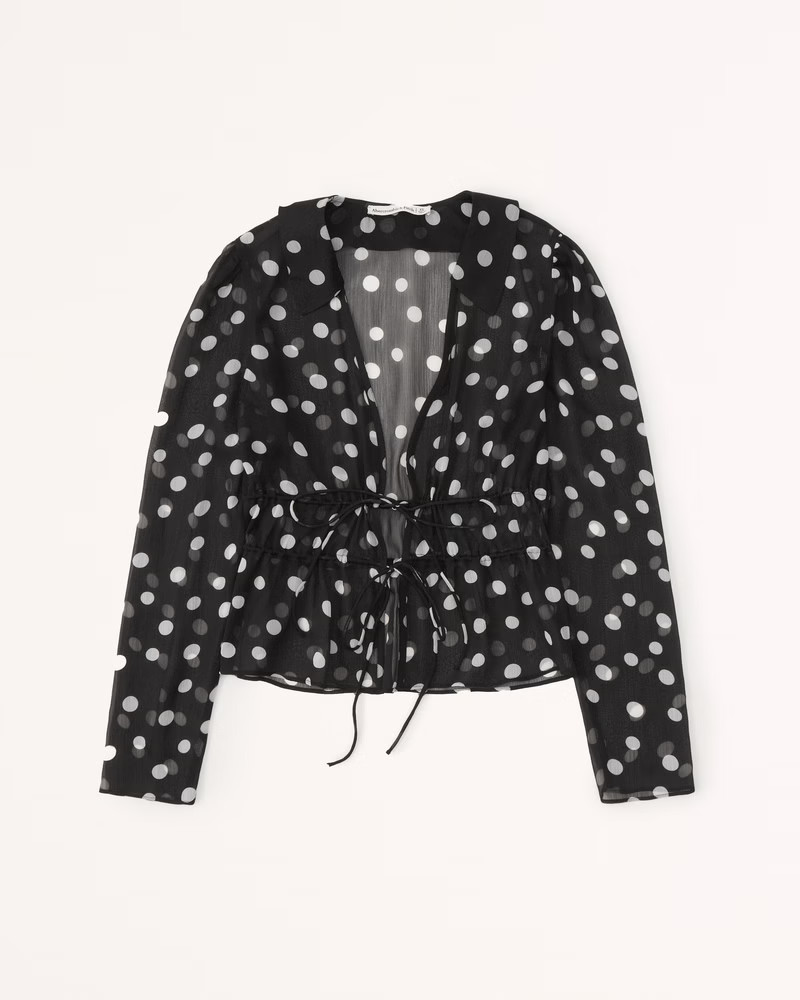 Long-Sleeve Tie-Front Sheer Top | Abercrombie & Fitch (US)