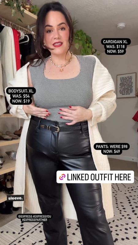 Express midsize holiday party outfit everything 50% off wearing an xl in the cardigan - xl bodysuit and size 14 in faux leather pants 



#LTKworkwear #LTKmidsize #LTKCyberWeek