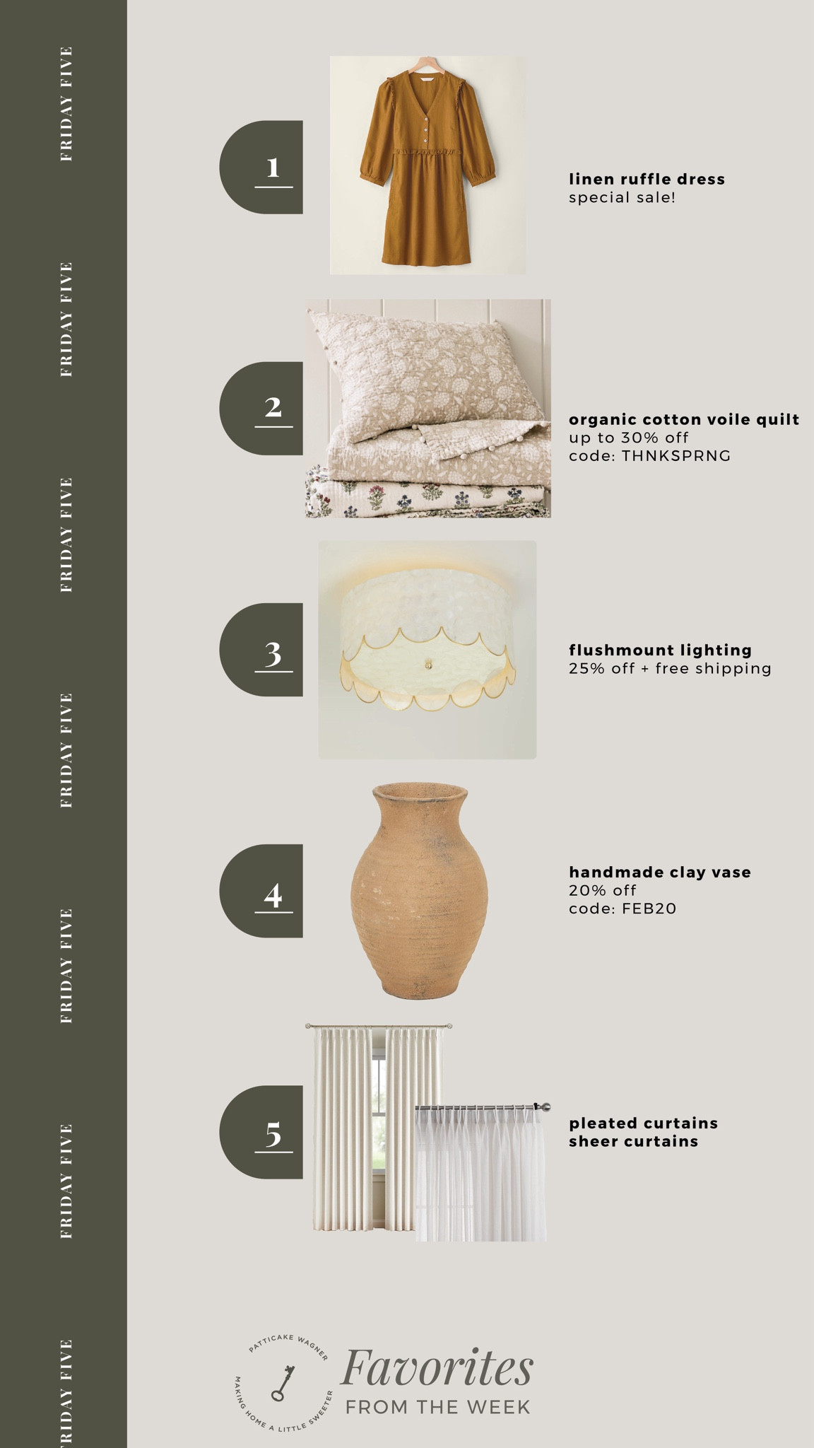 Friday Five: favorites from the week. #1-2 are from Garnet Hill and can’t be linked *linen dress is 30% off, organic cotton voile quilt is up to 30% off with code: THNKSPRNG, scalloped flush mount is 25% off with free shipping, handmade clay vase is 20% off with code: FEB20, pleated curtains + sheer curtains  

#LTKsalealert #LTKhome #LTKstyletip