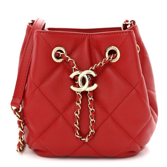 Lambskin Quilted CC Dweller Drawstring Bucket Bag Red | FASHIONPHILE (US)