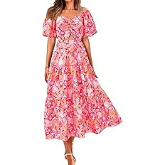 BTFBM Women's Clothing Spring Summer Dresses 2026 Beach Vacation Short Sleeve Smocked Back Boho C... | Amazon (US)