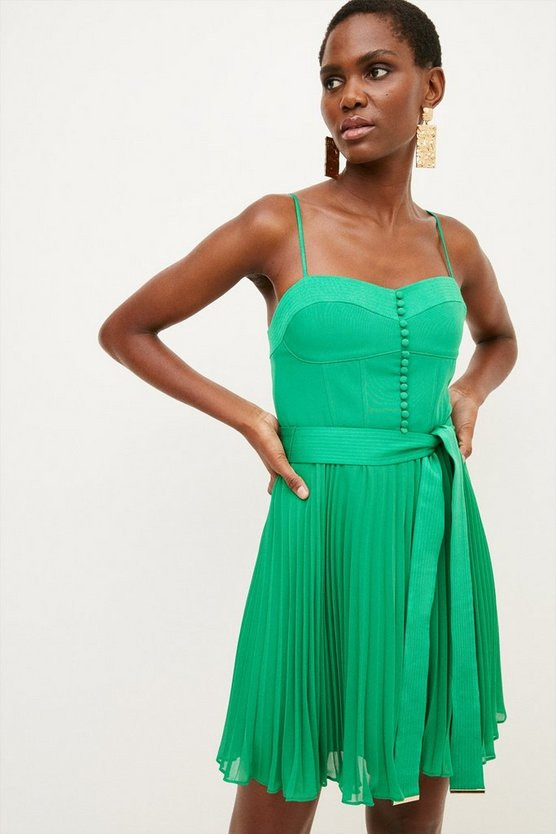 Top Stitch And Pleat Woven Mini Dress | Karen Millen US