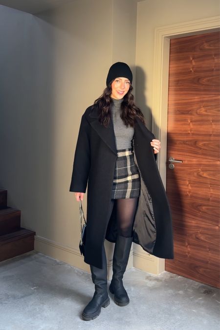 Knee high boots, black wool coat, Whistles, black beanie, winter outfit ideas, winter styling, checked skirt, mini skirt, black tights, wellington boots, black chunky boots, grey polo neck, H&M

#LTKeurope #LTKSeasonal #LTKstyletip