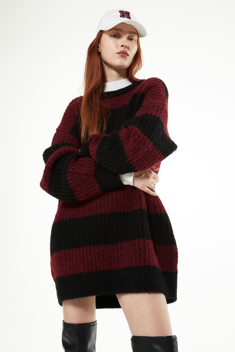 Oversized Rib-knit Sweater - Dark red/striped - Ladies | H&M US | H&M (US + CA)