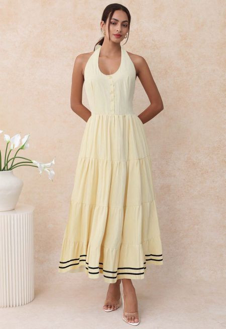 Striped Hem Self-Tie Halter Frilling Dress in Light Yellow | Chicwish