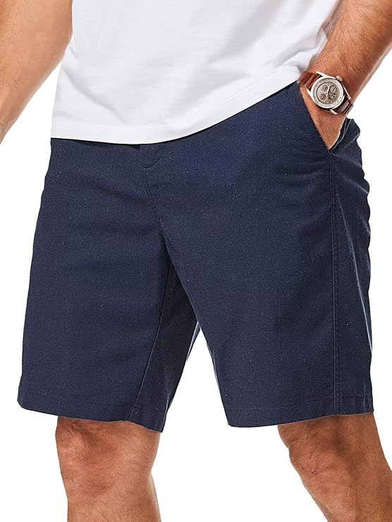 Mens Cotton Linen Shorts Casual Waist Elastic Button Golf Beach Shorts with Pockets | Amazon (US)