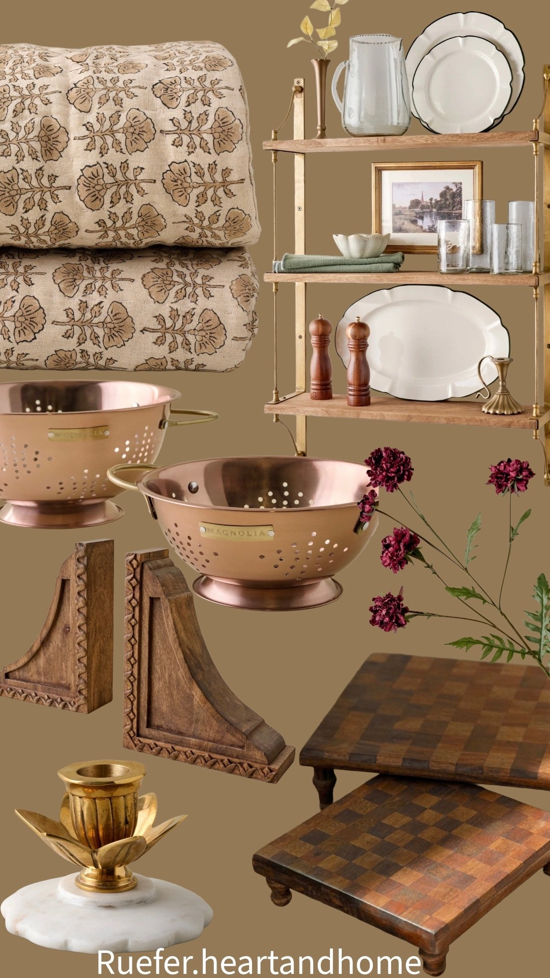 Magnolia sale… wood checkered risers, copper colander, wood bookends, floral quilt, wood and brass wall shelf, floral stems, candleholder, fall decor

#LTKHome #LTKSeasonal #LTKSaleAlert