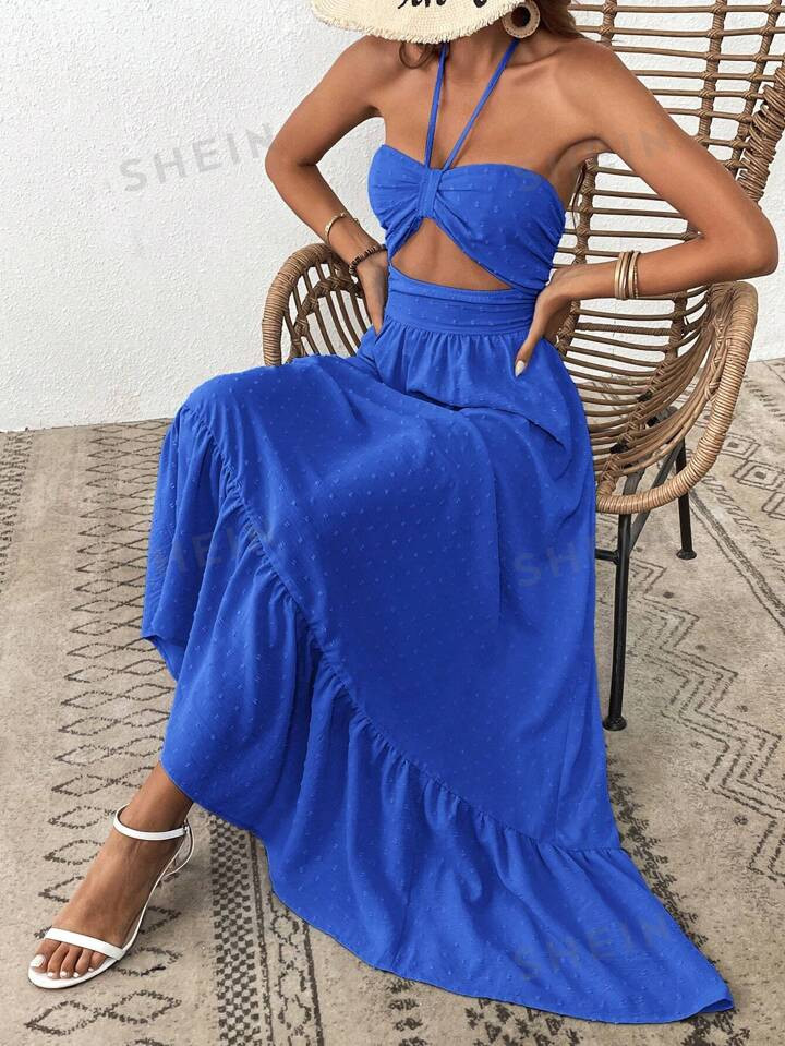 SHEIN VCAY Ladies' Solid Color Halter Neck Hollow Out Sleeveless Dress | SHEIN