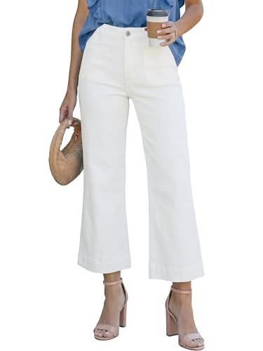 SANMM Wide Leg Jeans for Women High Waisted Flare Jean Cropped Denim Pants Stretchy with Pockets White 4 | Amazon (US)