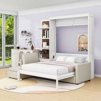 Queen Wood Murphy Bed Wall Bed with Sofa and Storage Shelves | Wayfair North America