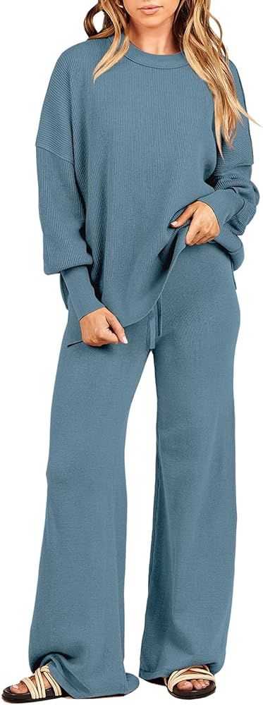 ANRABESS Women 2 Piece Outfits Sweatsuit Oversized Sweater Set & Wide Leg Pants Fall Chunky Lounge S | Amazon (US)