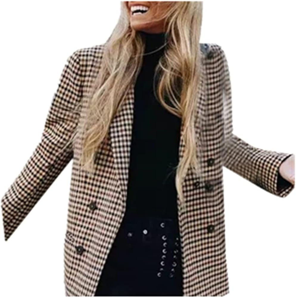 Fashion Women Plaid Blazer Coat Retro Stripe Print Button Shoulder Pads Suit Coats Sunmoot | Amazon (US)