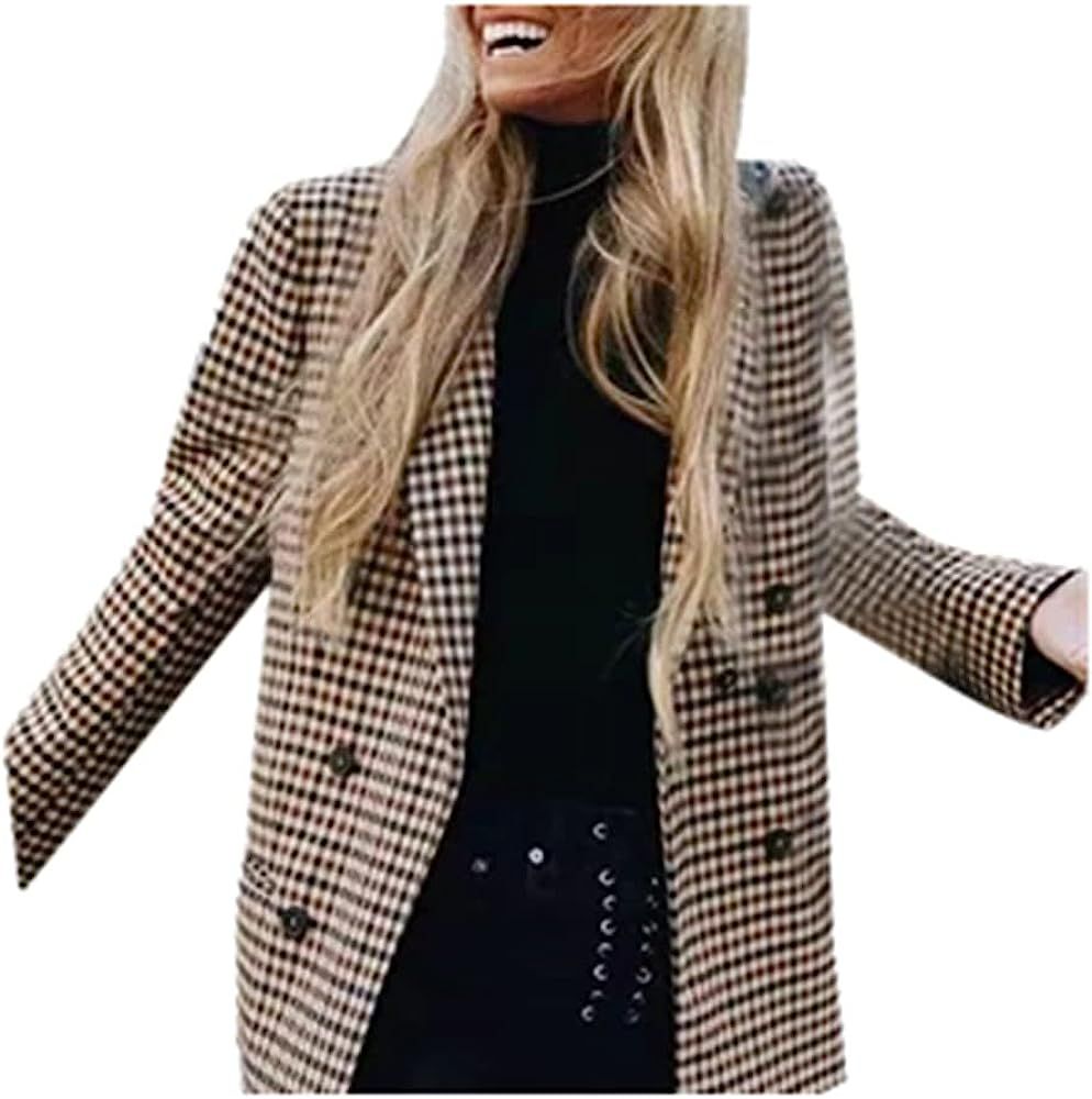 Fashion Women Plaid Blazer Coat Retro Stripe Print Button Shoulder Pads Suit Coats Sunmoot | Amazon (US)