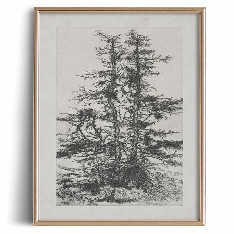 Mountain Forest Landscape Drawing Print Poster - Nature Trees Etching Rustic Picture - Vintage Fa... | Amazon (US)