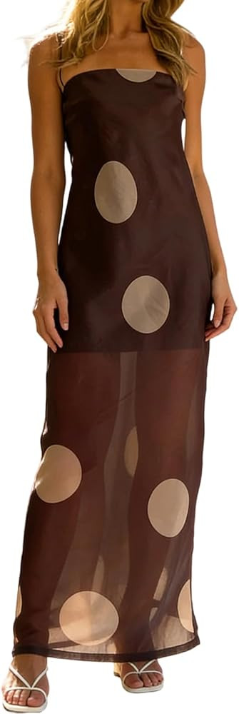 Muineobuka Women Polka Dot Elegant Long Dress Square Neck Spaghetti Strap Sheer Mesh Slim Maxi Dr... | Amazon (US)