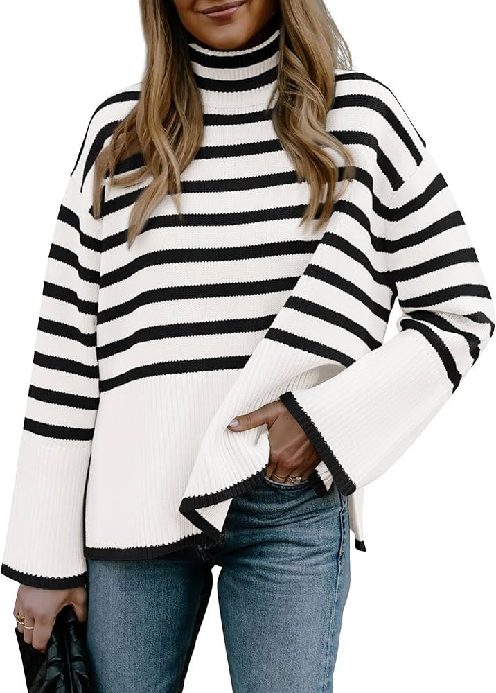 BTFBM Women Casual Turtleneck Striped Sweater 2024 Fall Winter Jumper Tops Long Sleeve Side Slit ... | Amazon (US)