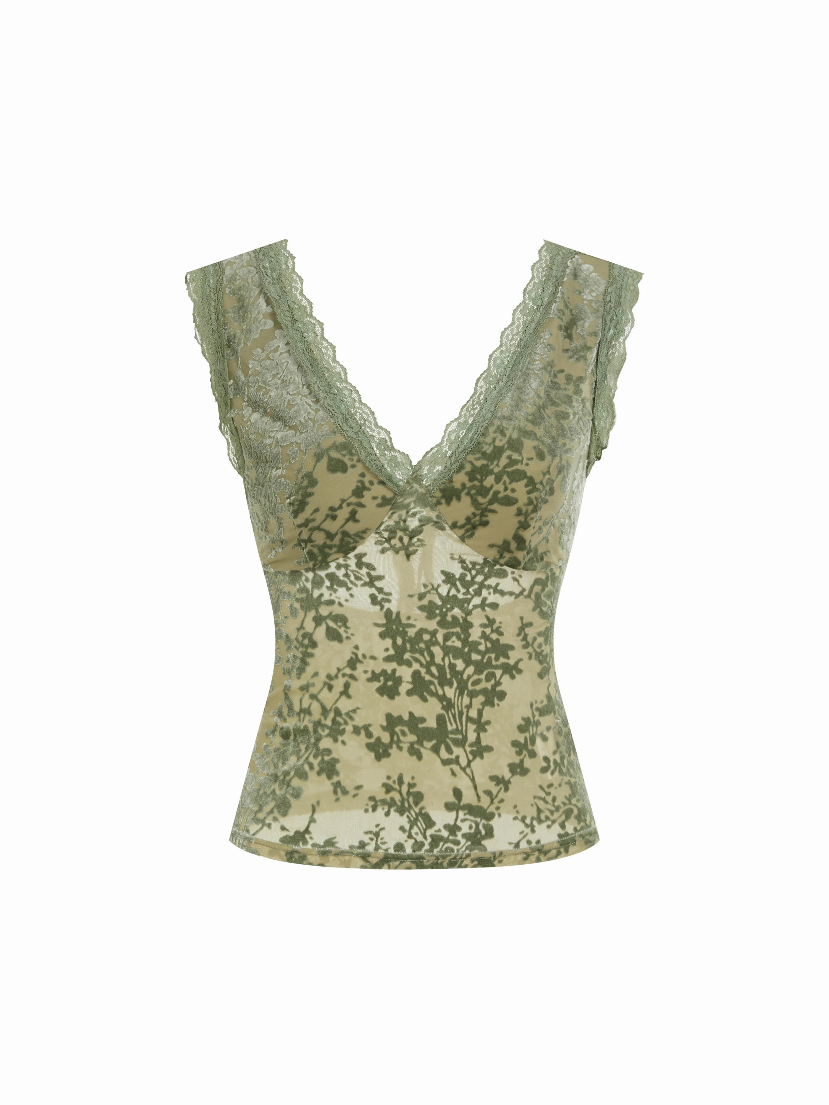 Knit Fabric Flocked Floral Lace Panel V-neck Sleeveless Top For Date | Cider