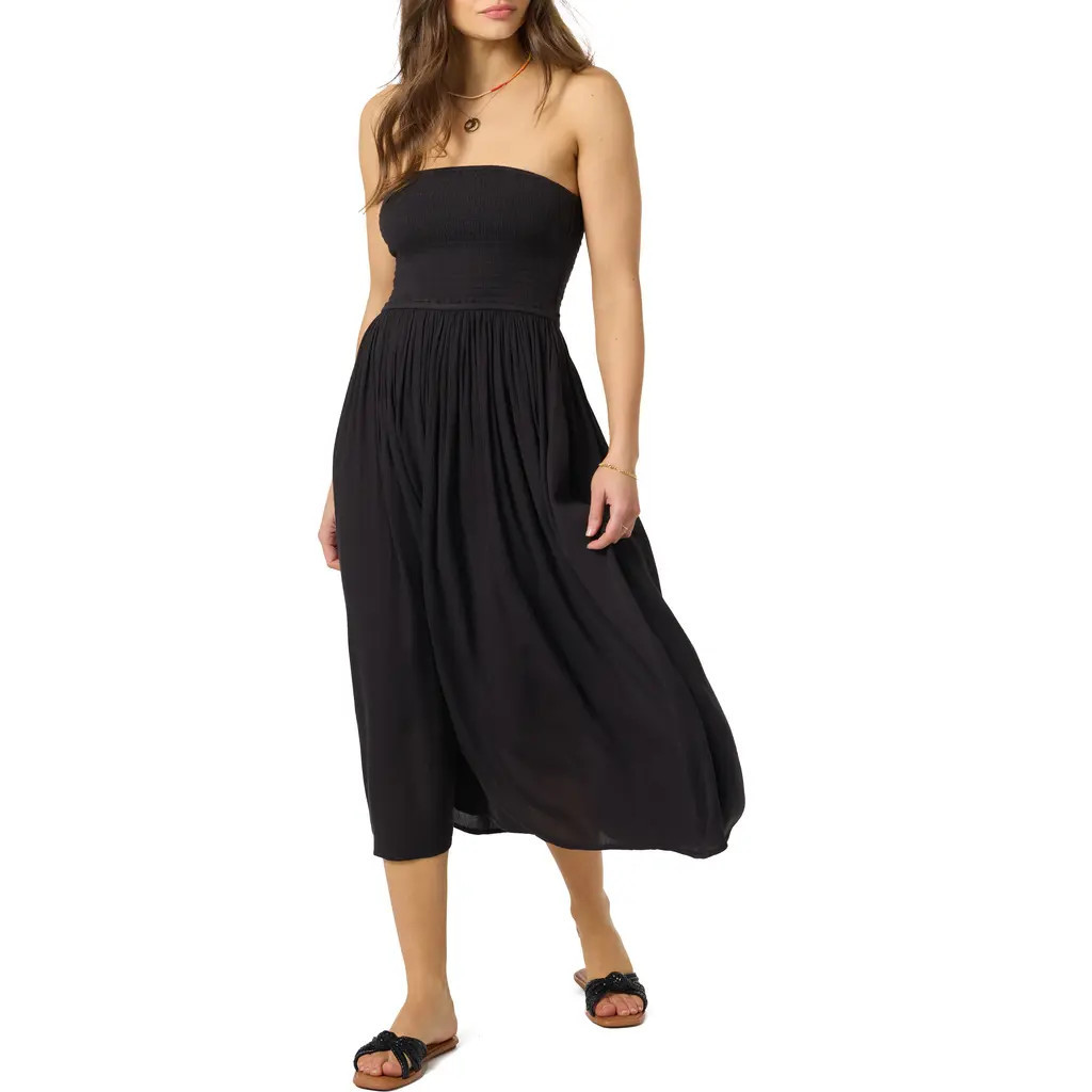 O'Neill Piper Smocked Strapless Midi Dress in Black at Nordstrom, Size X-Small | Nordstrom