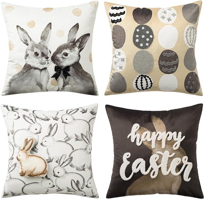 Phantoscope Pack of 4 Happy Easter Throw Pillow Covers, Velvet 3D Bunny Pillowcases Embroidered E... | Amazon (US)