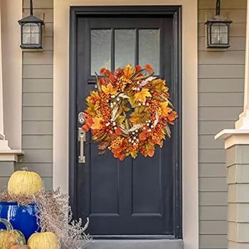 TechKen Fall Wreath 24inches, Grapevine Door Wreath with Maple Leaves Artificial Feather Small Pu... | Amazon (US)
