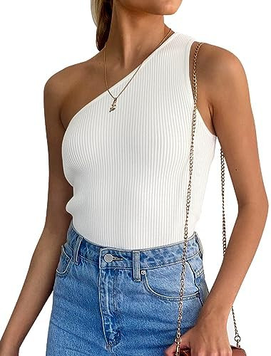 ZESICA Women's One Shoulder Tank Summer Sleeveless T Shirt Ribbed Knit Slim Fit Sexy Casual Basic... | Amazon (US)