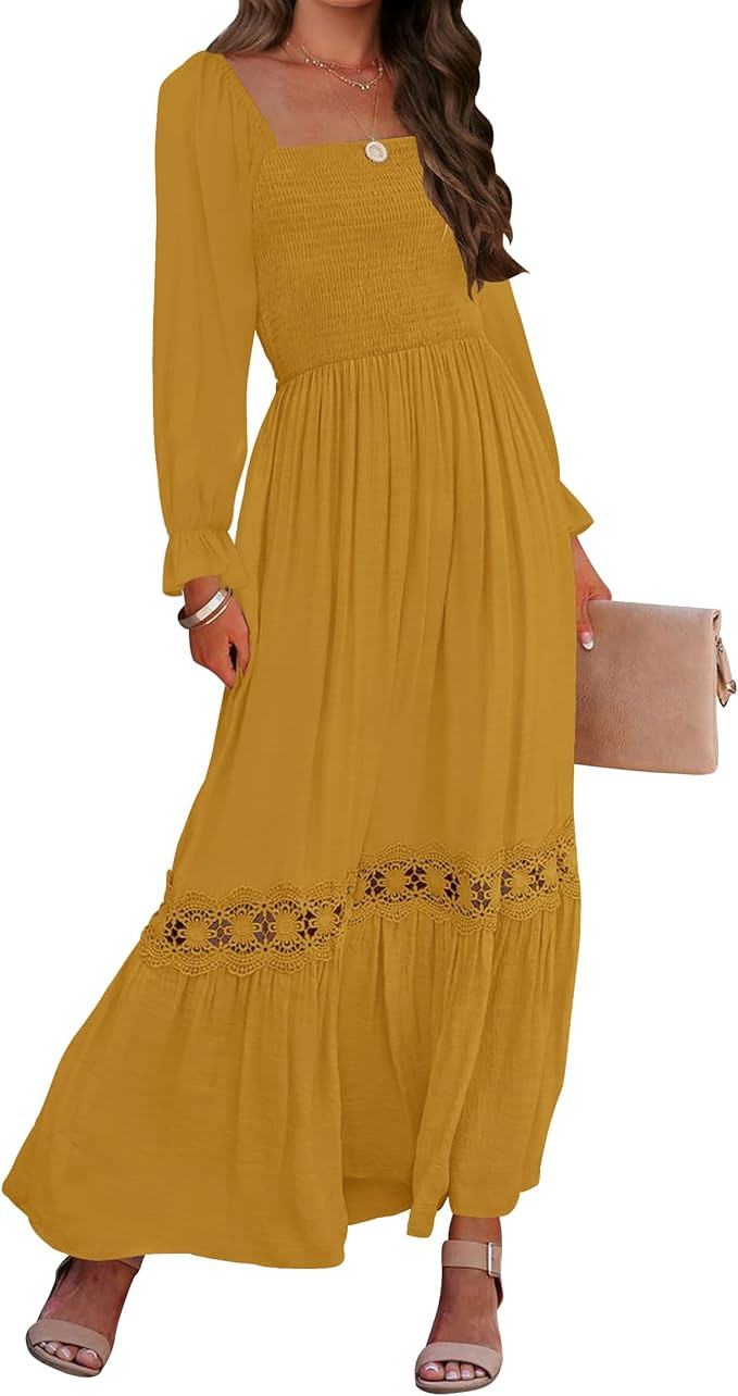 ZESICA Women's Boho Long Sleeve Square Neck Smocked High Waist Flowy A Line Lace Trim Maxi Dress | Amazon (US)