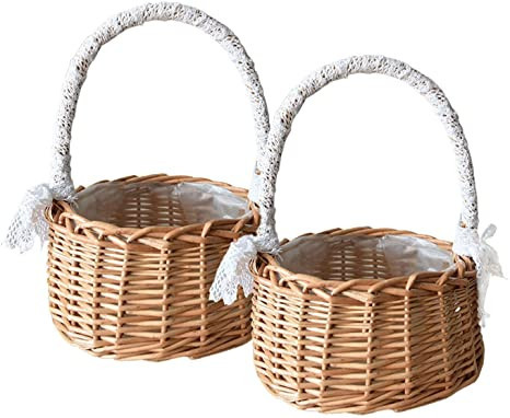 ASSR 2PCS Woven Storage Basket w/Handle and Ribbon,Wedding Flower Girl Baskets,Wicker Rattan Flow... | Amazon (US)