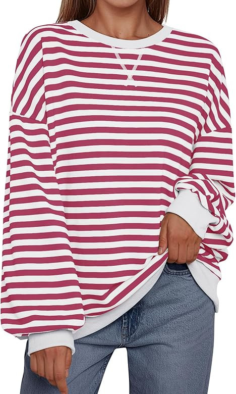 Trendy Queen Oversized Sweatshirt for Women 2024 Fall Crewneck Striped Long Sleeve Shirts Hoodies... | Amazon (US)