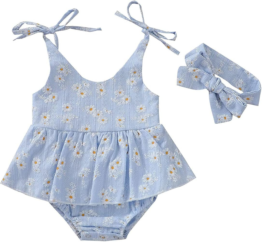 Baby Girls Daisy Playsuits Bodysuit+Headband Print Halter Romper Floral Jumpsuit Infant Summer Cloth | Amazon (US)
