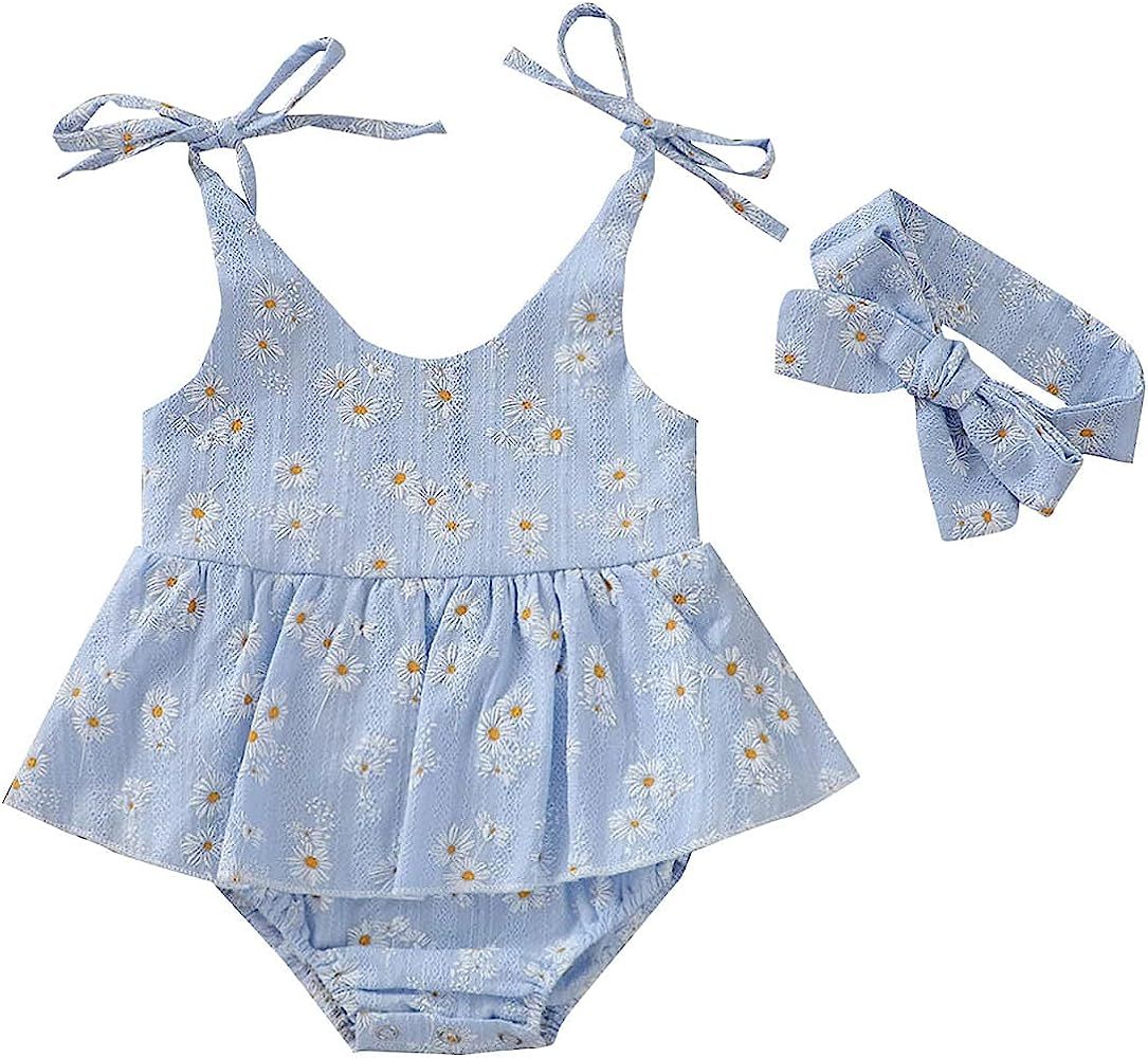 Baby Girls Daisy Playsuits Bodysuit+Headband Print Halter Romper Floral Jumpsuit Infant Onesie Su... | Amazon (US)