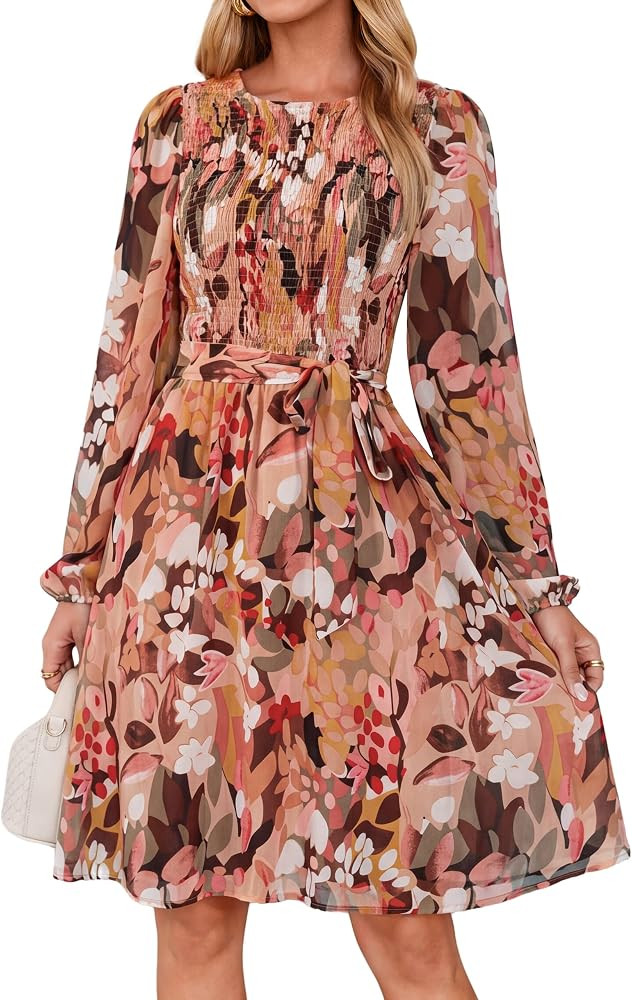 Simplee Womens Long Sleeve Floral Chiffon Smocked Wedding Guest Short Dress     Casual, Fall, Tie... | Amazon (US)