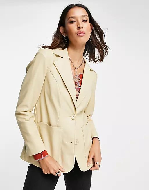 Topshop faux leather fitted blazer in beige | ASOS (Global)