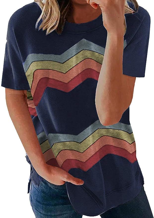 Bolomi Women's Short Sleeve T-Shirts Graphic Crewneck Tees Side Split Casual Tops | Amazon (US)