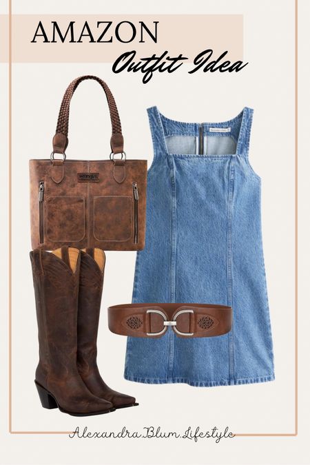 New Jean dress from Abercrombie! Denim dress paired with brown leather cowboy boots, leather tote bag, and brown belt! Perfect country concert outfit! 

#LTKfindsunder100 #LTKFestival #LTKstyletip