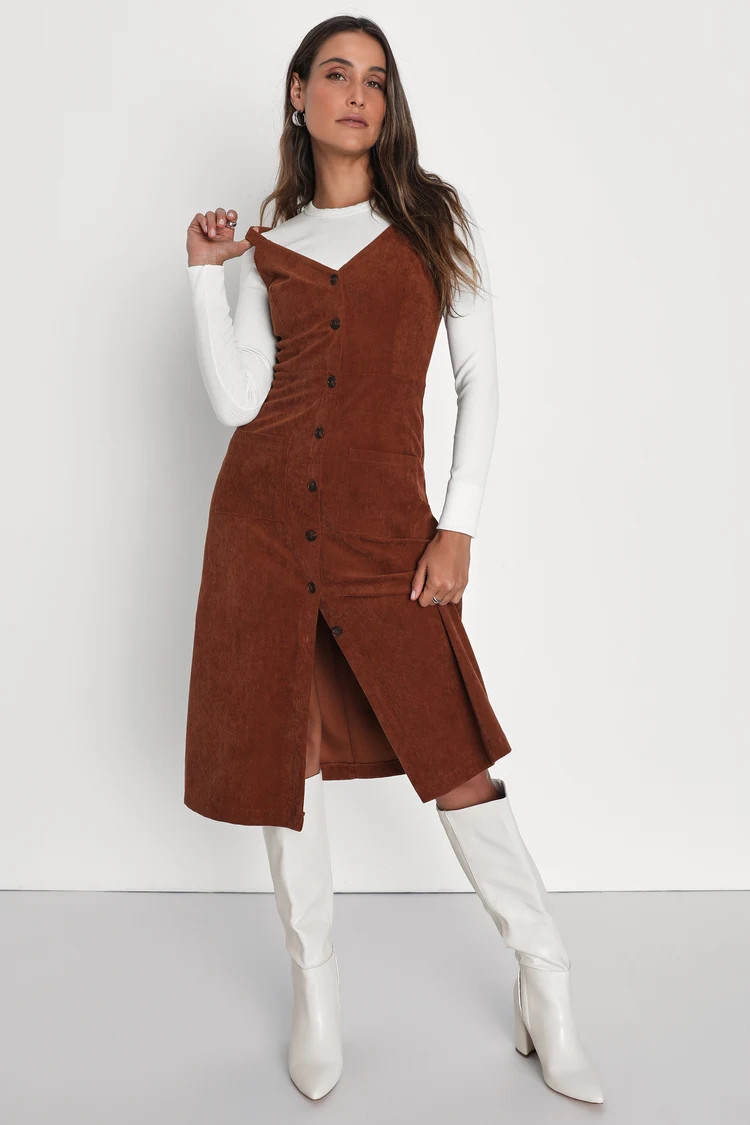 Certainly the Sweetest Brown Corduroy Button-Front Midi Dress | Lulus