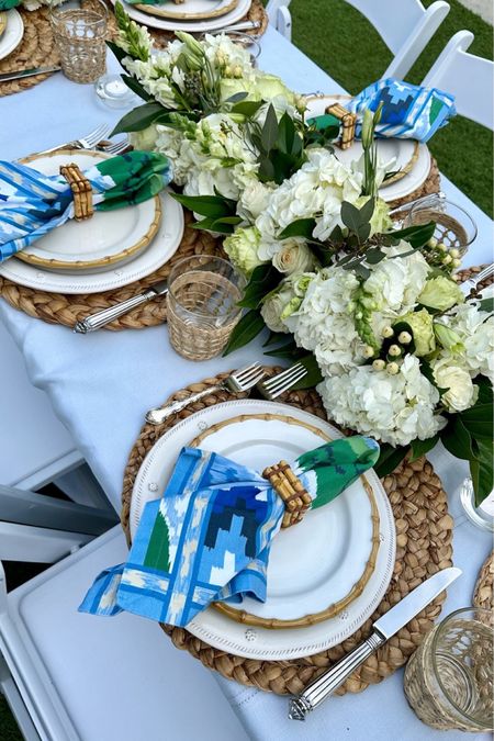 Outdoor dinner party
Blue and white and green 
Acrylic, floral centerpiece, vases 
Bamboo napkin 
Juliska Berry and thread dinner dishes 
Juliska Bamboo salad plates 
Williams-Sonoma Schumacher napkins and tablecloth 
Serena and Lily Raffia wrapped old-fashioned glasses 

#LTKSeasonal #LTKhome #LTKFind