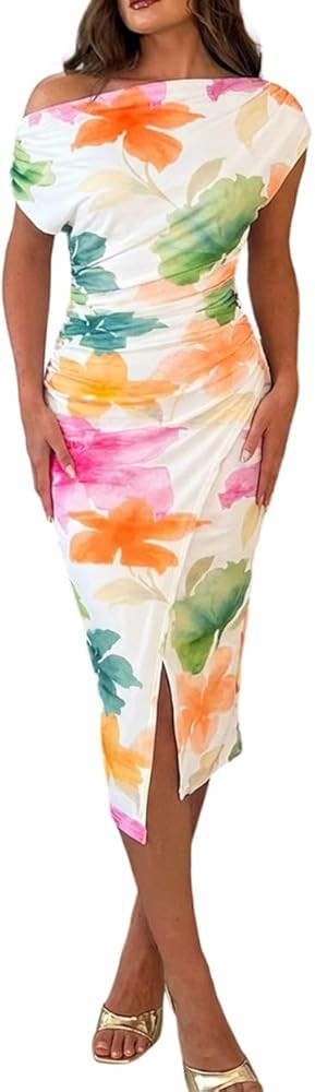 CHICME Womens Summer Polka Dot & Floral Print Midi Dress Off Shoulder Ruched Slit Bodycon Party D... | Amazon (US)