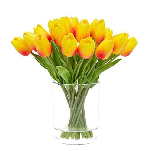 WELL KNOWN 20 Pcs Tulips Artificial Flowers in Vase with Faux Water, Faux Tulips Real Touch, Floral Arrangements Artificial with Vase Centerpiece for Bathroom Home Decoration Orange | Amazon (US)
