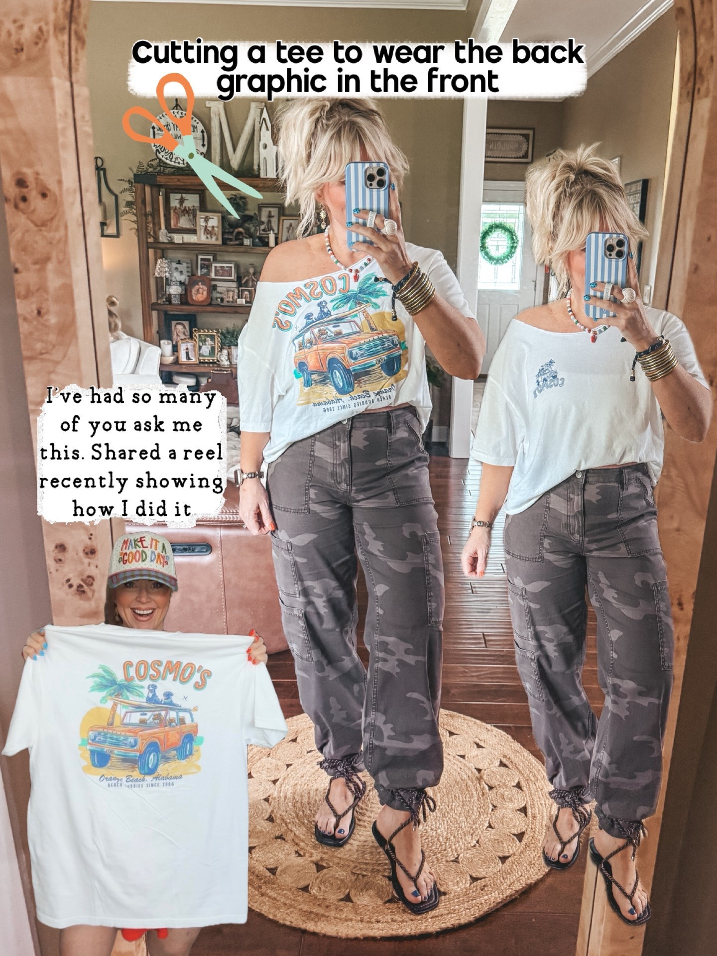These $17 camo pants from Walmart are so good! I’m in my true size medium. I love this new color! 
This is the tee I recently cut to share how to wear back graphic in the front. 
I also am living these adorable wrap sandals! They run true to size.

#LTKOver40