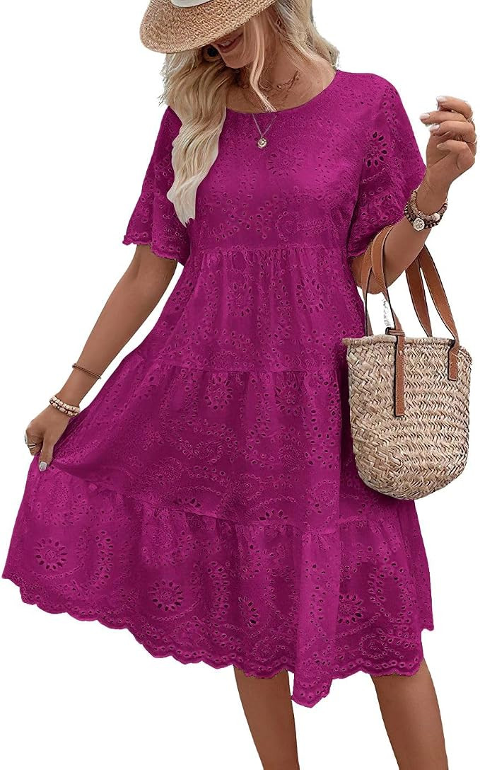 chouyatou Women's Lace Eyelet Short Sleeve Tiered Midi Long Dress Ruffle Hem Babydoll Short Dress | Amazon (US)