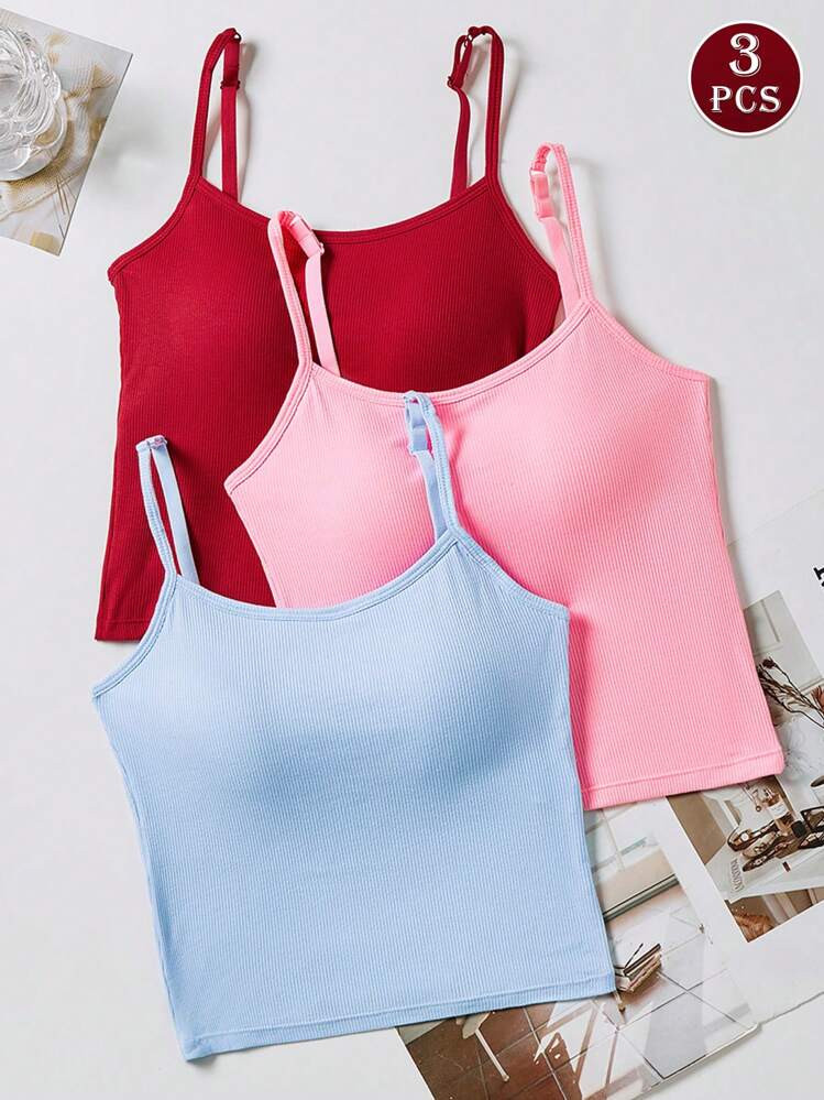 3pcs Women Plain Ribbed Cami Vest Crop Top With Padding, Casual Sexy Sleeveless Undershirt4.78(10... | SHEIN