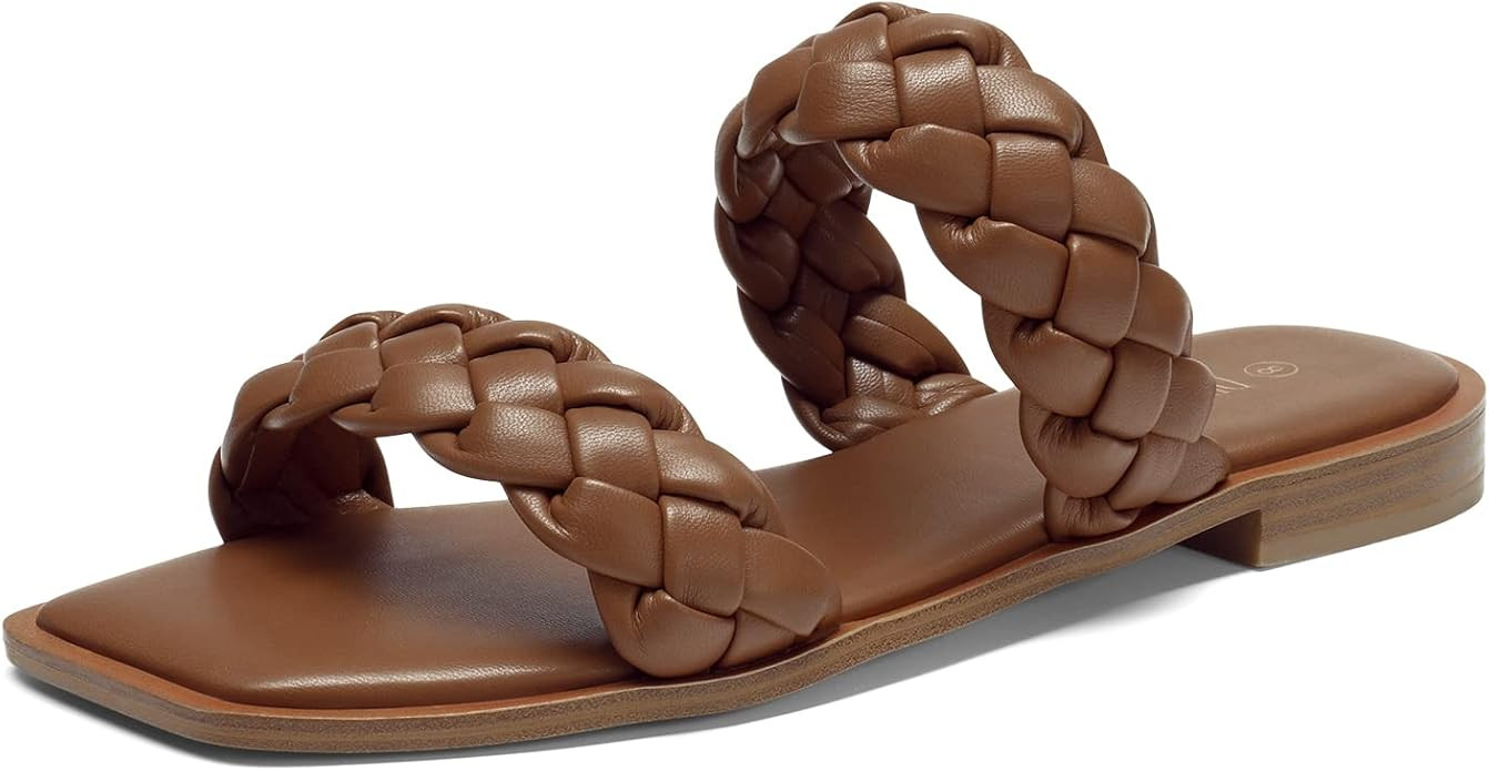 DREAM PAIRS Women's Braided Sandals Slip on Slides Two Straps Square Toe Dressy for Summer | Amazon (US)
