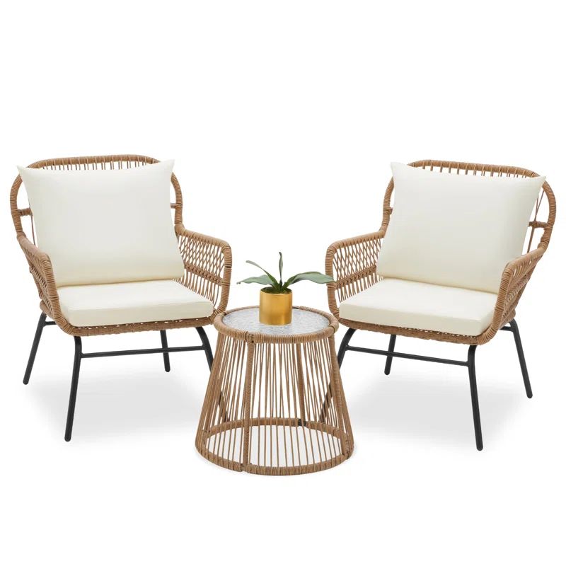 3-Piece Patio Conversation Bistro Set, Outdoor All-Weather Wicker Furniture With Tempered Glass T... | Wayfair North America