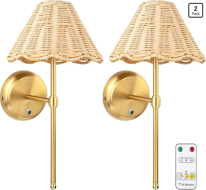 Battery Operated Boho Rattan Wall Sconce Set of 2, Stepless Dimming Magnetic Wall Lamp, 5200mAh R... | Amazon (US)
