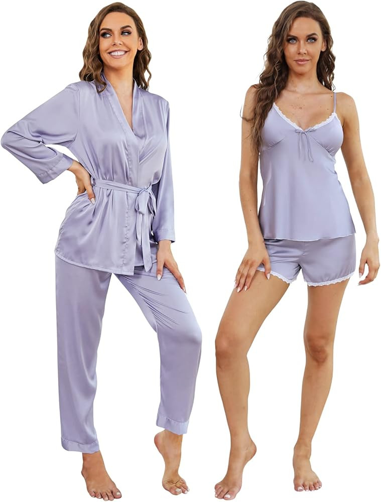 Arwser Women's Silk Satin Pajamas Set 4 Pcs Luxury Sleepwear Cami Top Pjs with Shorts and Robe | Amazon (US)